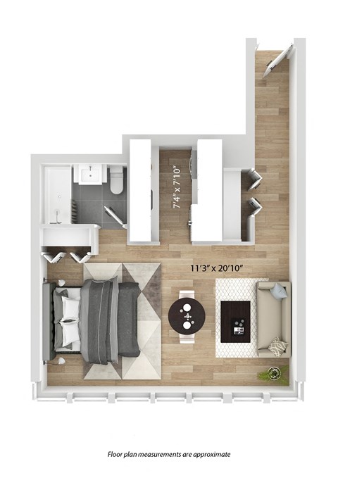 floor plan of a renovated studio apartment